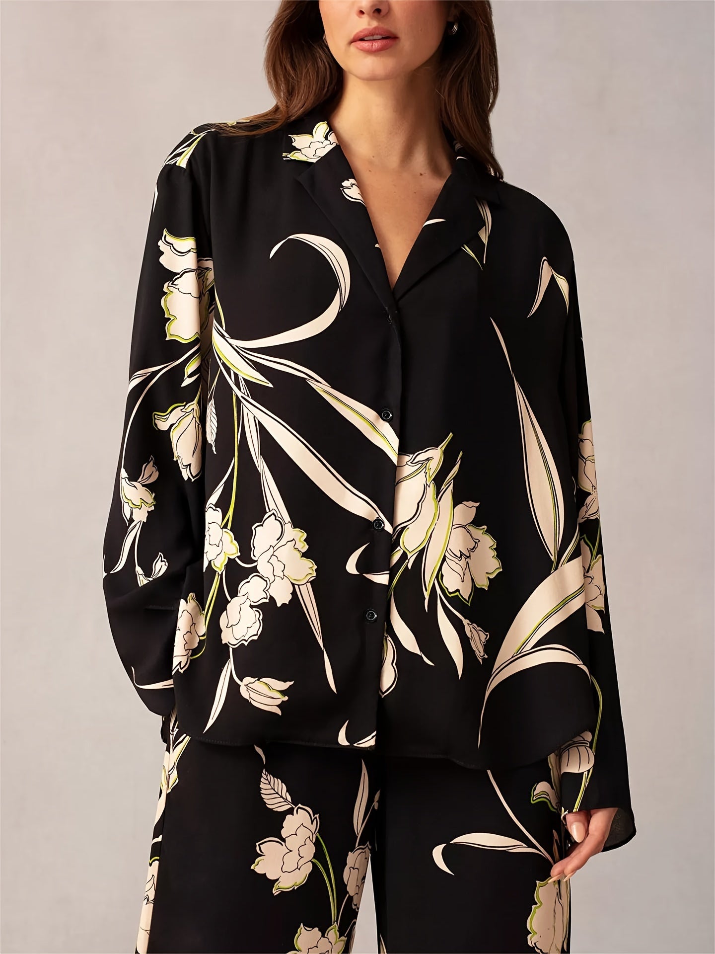 00938 Floral Print Casual Pantsuits, Long Sleeve Collar Shirt & Wide Leg Pants Outfits,