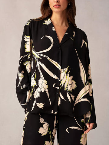 00938 Floral Print Casual Pantsuits, Long Sleeve Collar Shirt & Wide Leg Pants Outfits,