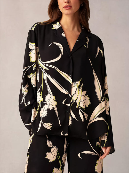 00938 Floral Print Casual Pantsuits, Long Sleeve Collar Shirt & Wide Leg Pants Outfits,