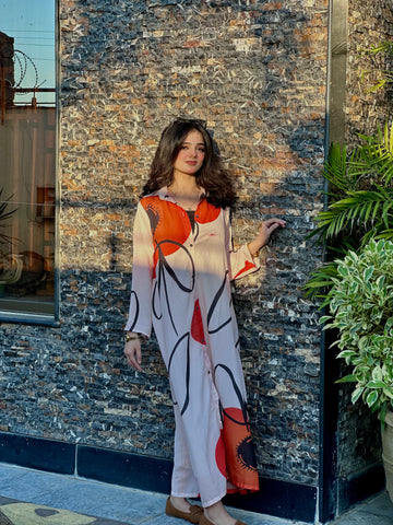 907-Floral Print Button Front Dress, Elegant Long Sleeve Loose Fit Maxi Dress, Women's Clothing