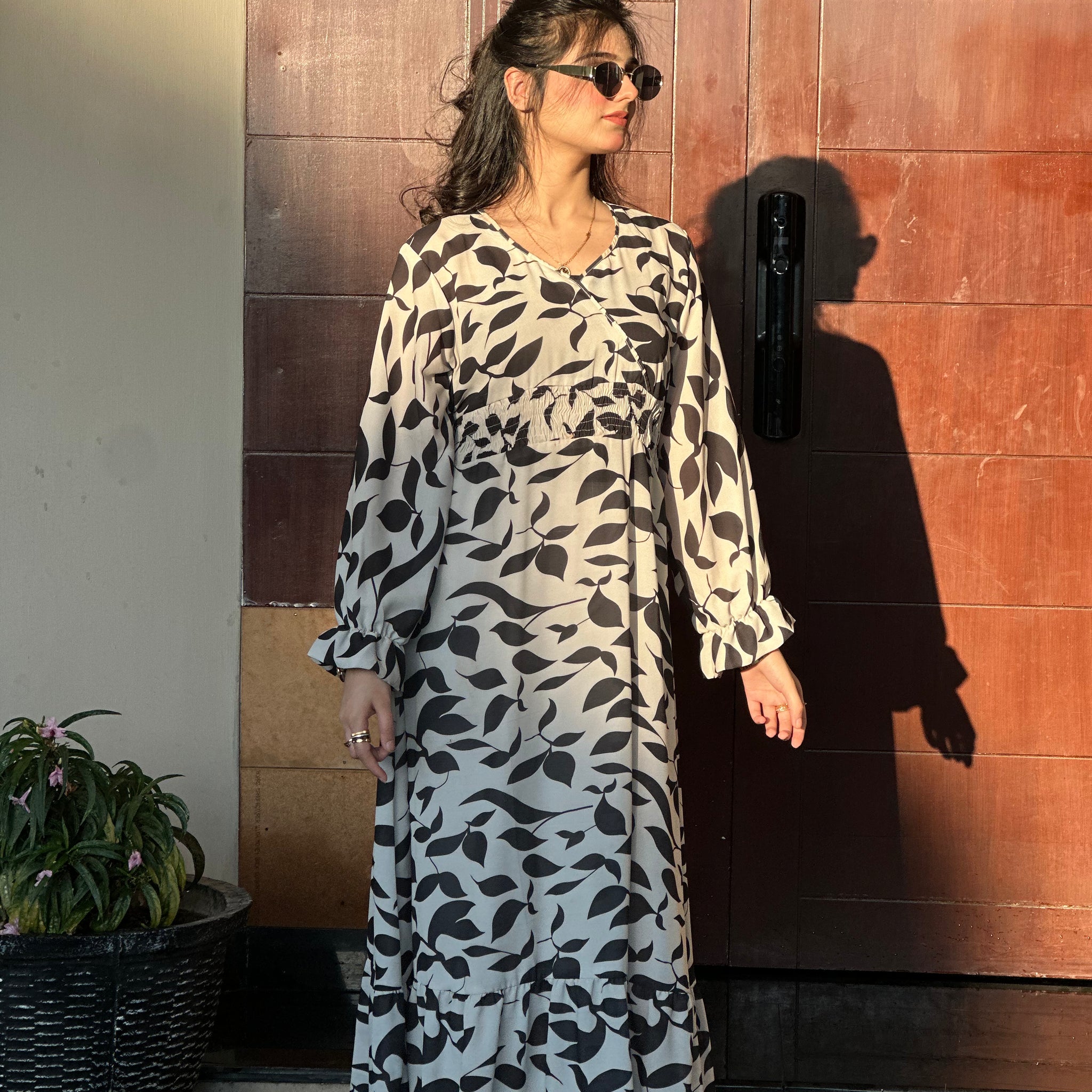 9099-Leaf Print V-neck Dress, Elegant Long Sleeve Ruffle Hem A-line Dress For Spring & Fall, Women's Clothing