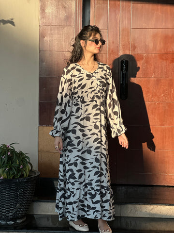 9099-Leaf Print V-neck Dress, Elegant Long Sleeve Ruffle Hem A-line Dress For Spring & Fall, Women's Clothing