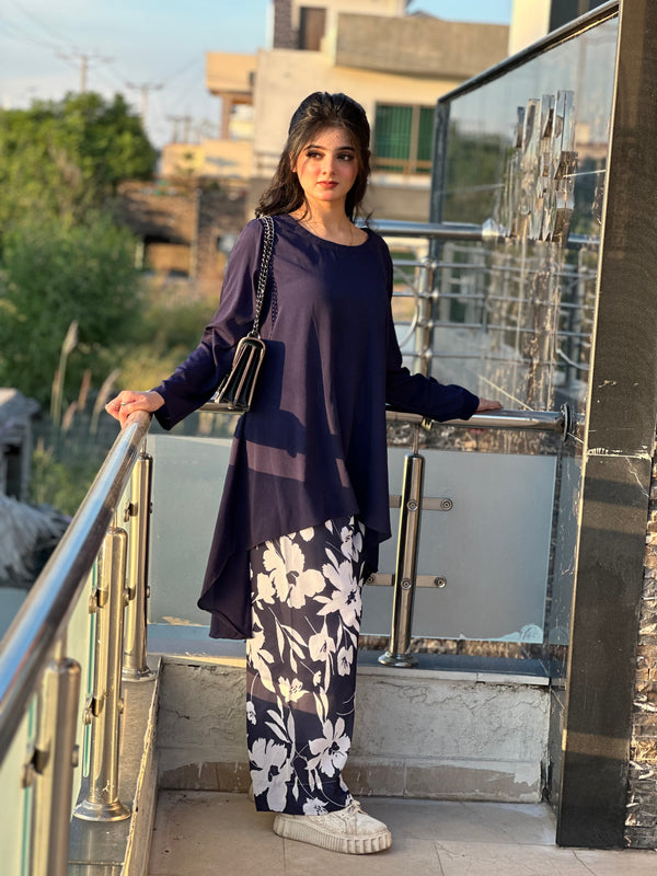 0904-Vacation Style Elegant Pantsuits, Crew Neck Long Sleeve Dipped Hem Top & Wide Leg Pants Outfits, Women's Clothing