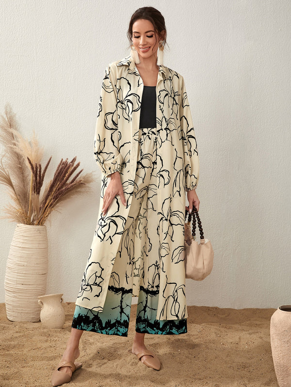 00963 Round Neck Long Sleeve Flora All Over Print Long Cover Up Dress