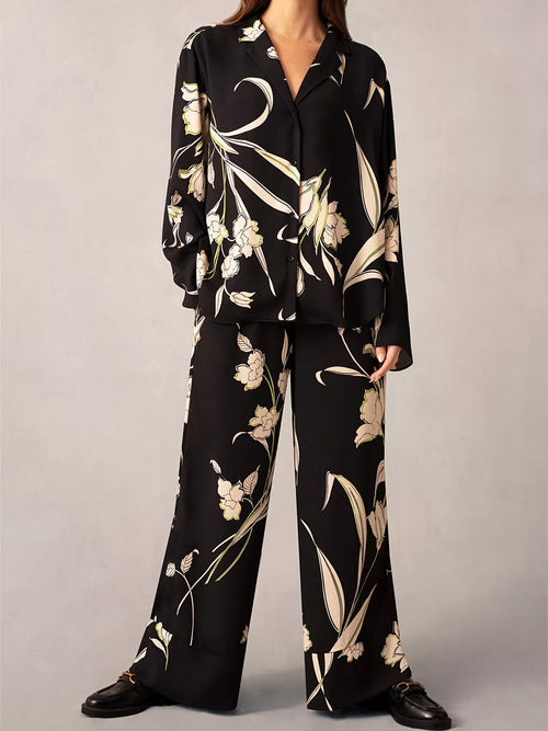 00938 Floral Print Casual Pantsuits, Long Sleeve Collar Shirt & Wide Leg Pants Outfits,
